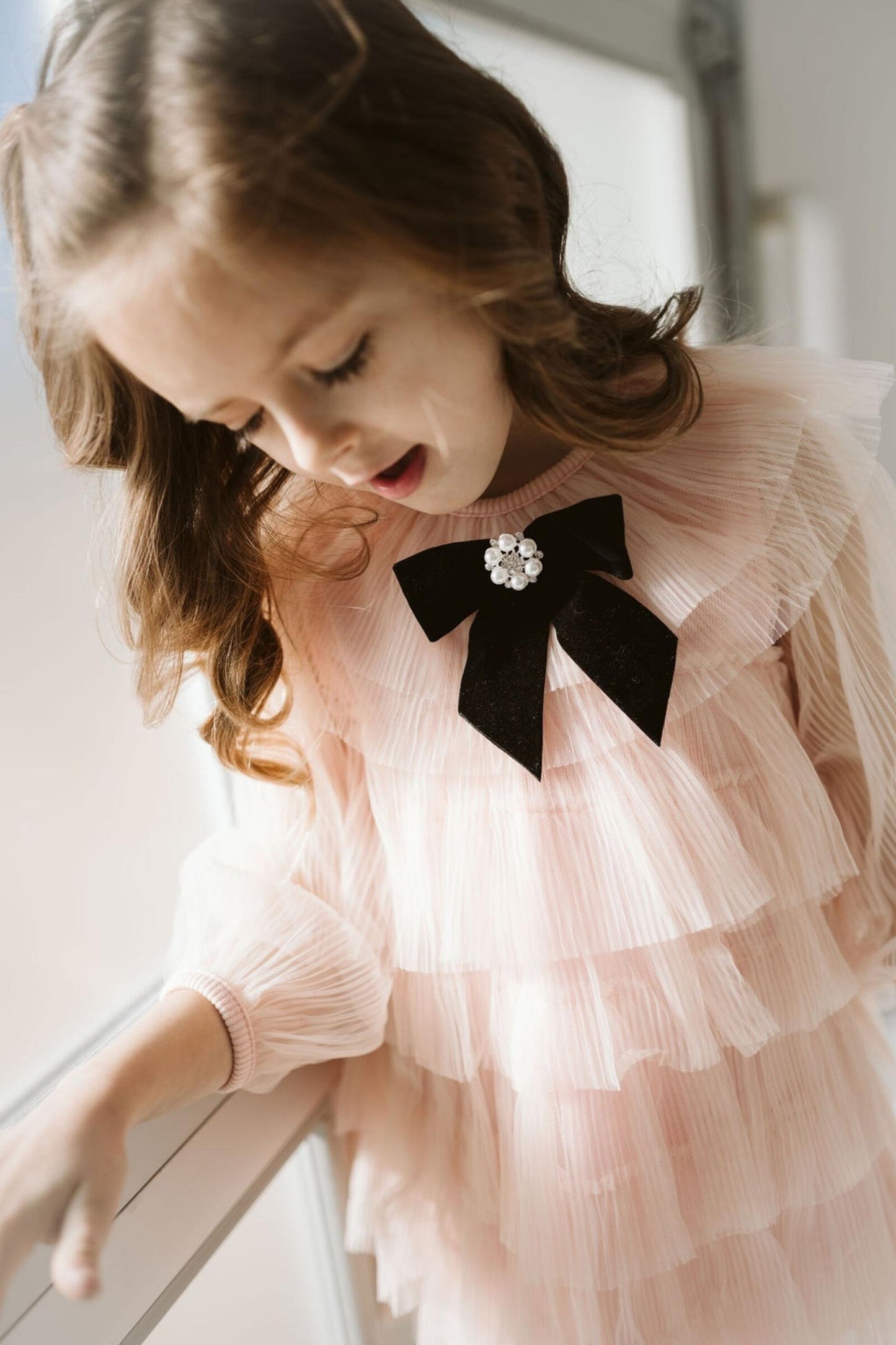 Six Layered Tulle Dress with Velvet Bow | Pink, sz 2