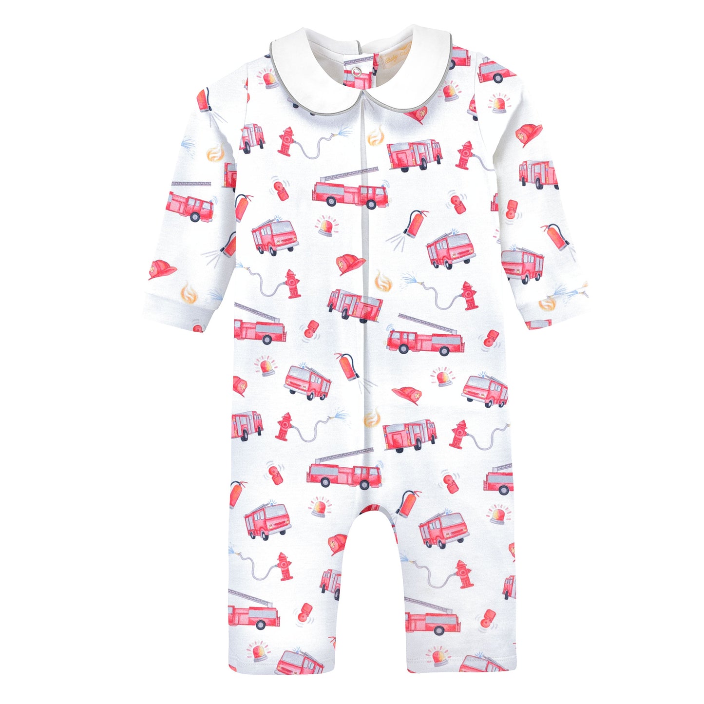 Round Collar Printed Playsuit | Fire Trucks