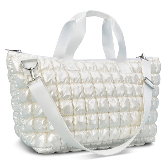 Pearl White Shiny Puffer Overnight Bag