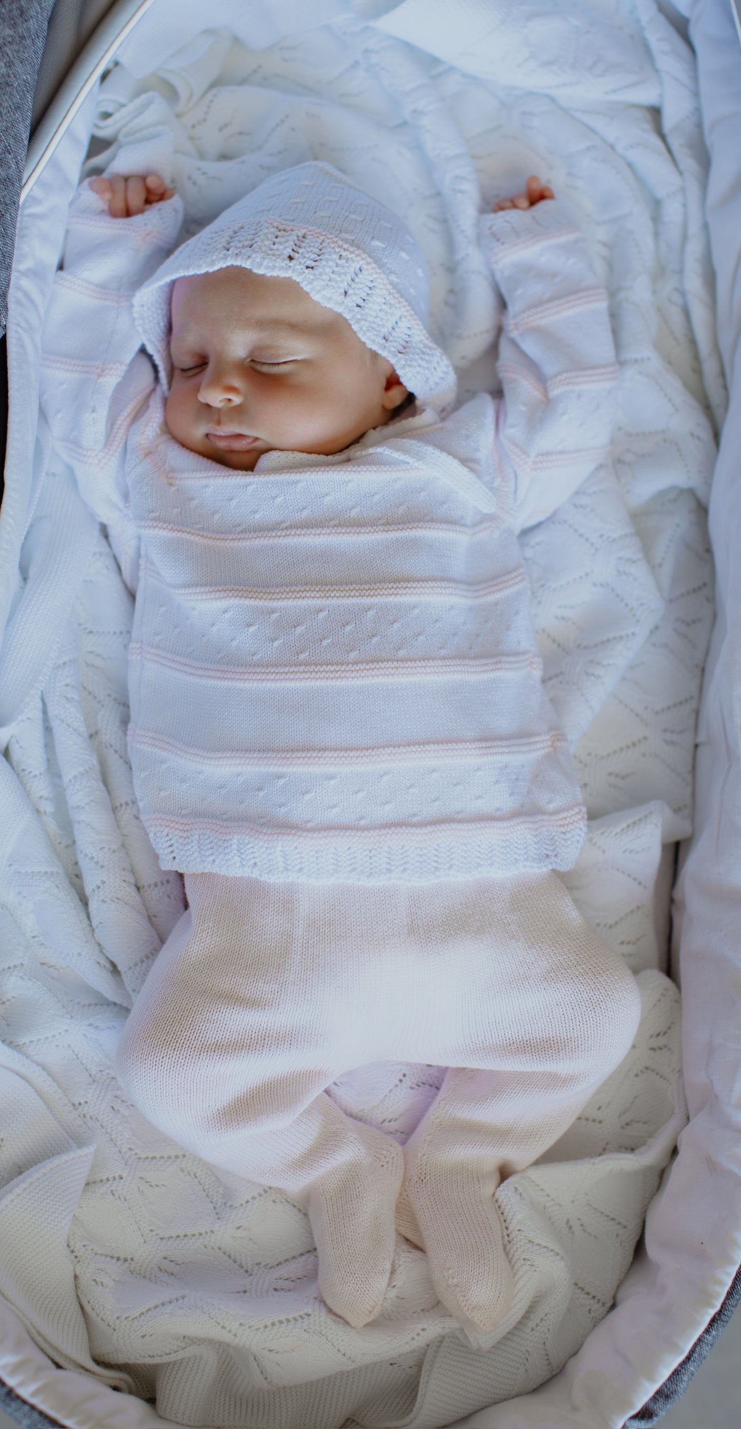 Stripe Knit Footed Set with Bonnet | Pink + White