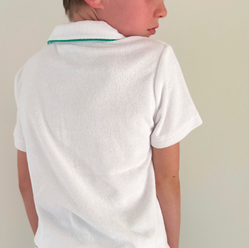 boys white french terry polo with bermuda green trim