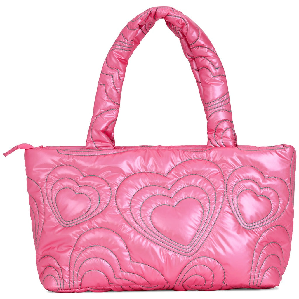 Pink Shining Heart Puffy Overnight Bag