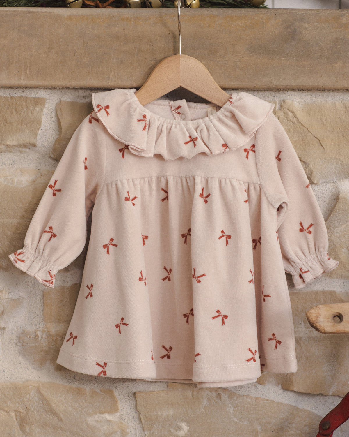 VELOUR BABY DRESS RED BOWS