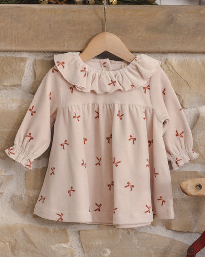 VELOUR BABY DRESS RED BOWS