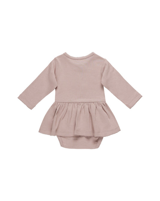 LONG SLEEVE POINTELLE RUFFLE ROMPER || MAUVE