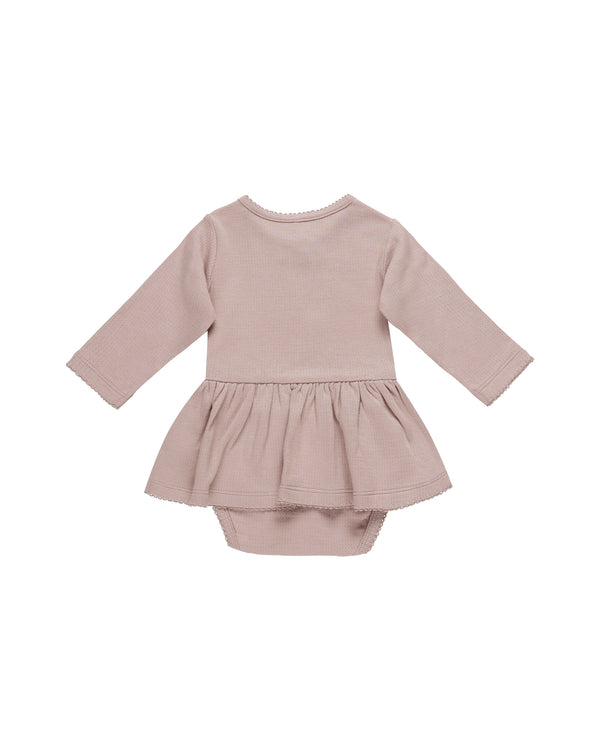 LONG SLEEVE POINTELLE RUFFLE ROMPER || MAUVE