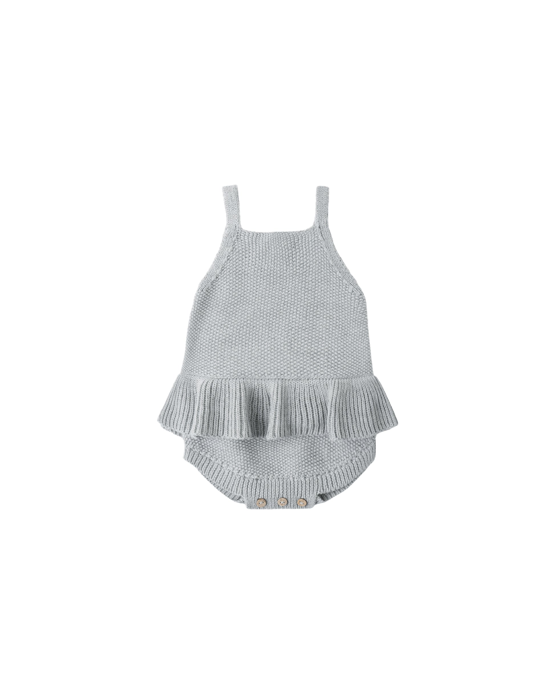 KNIT RUFFLE ROMPER HEATHERED SKY