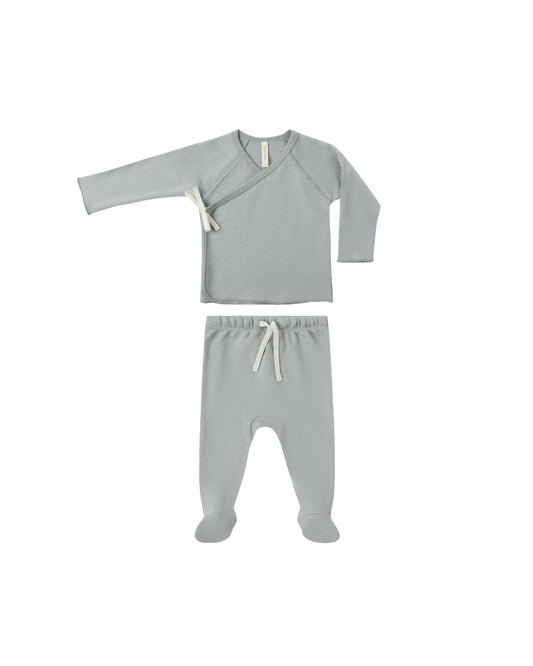 WRAP TOP + FOOTED PANT SET || STEEL BLUE