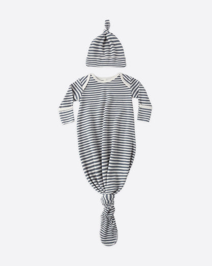 KNOTTED BABY GOWN + HAT SET OCEAN STRIPE