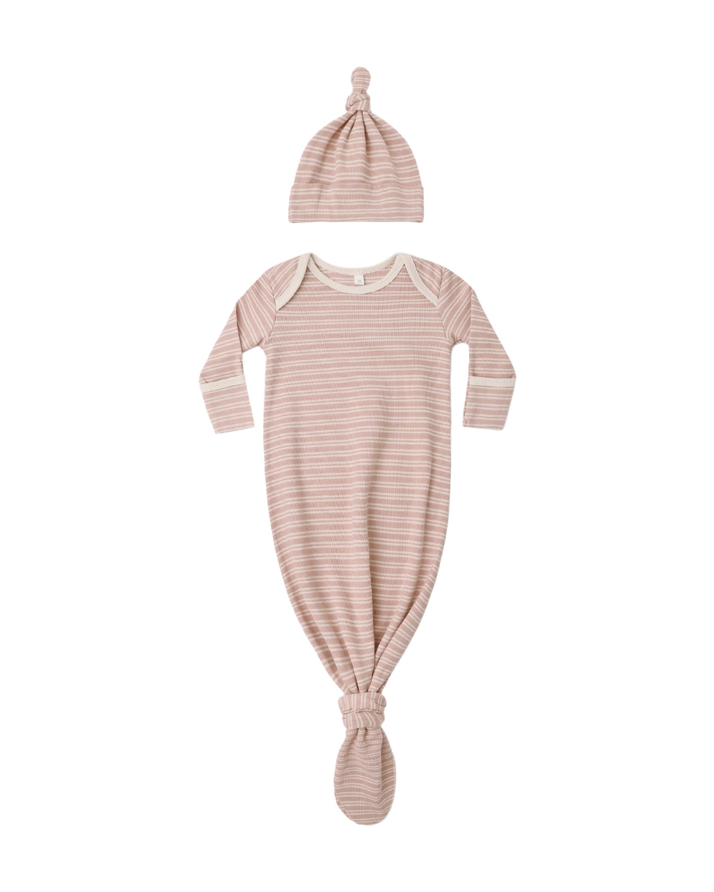 KNOTTED BABY GOWN + HAT SET DUSTY ROSE MICROSTRIPE
