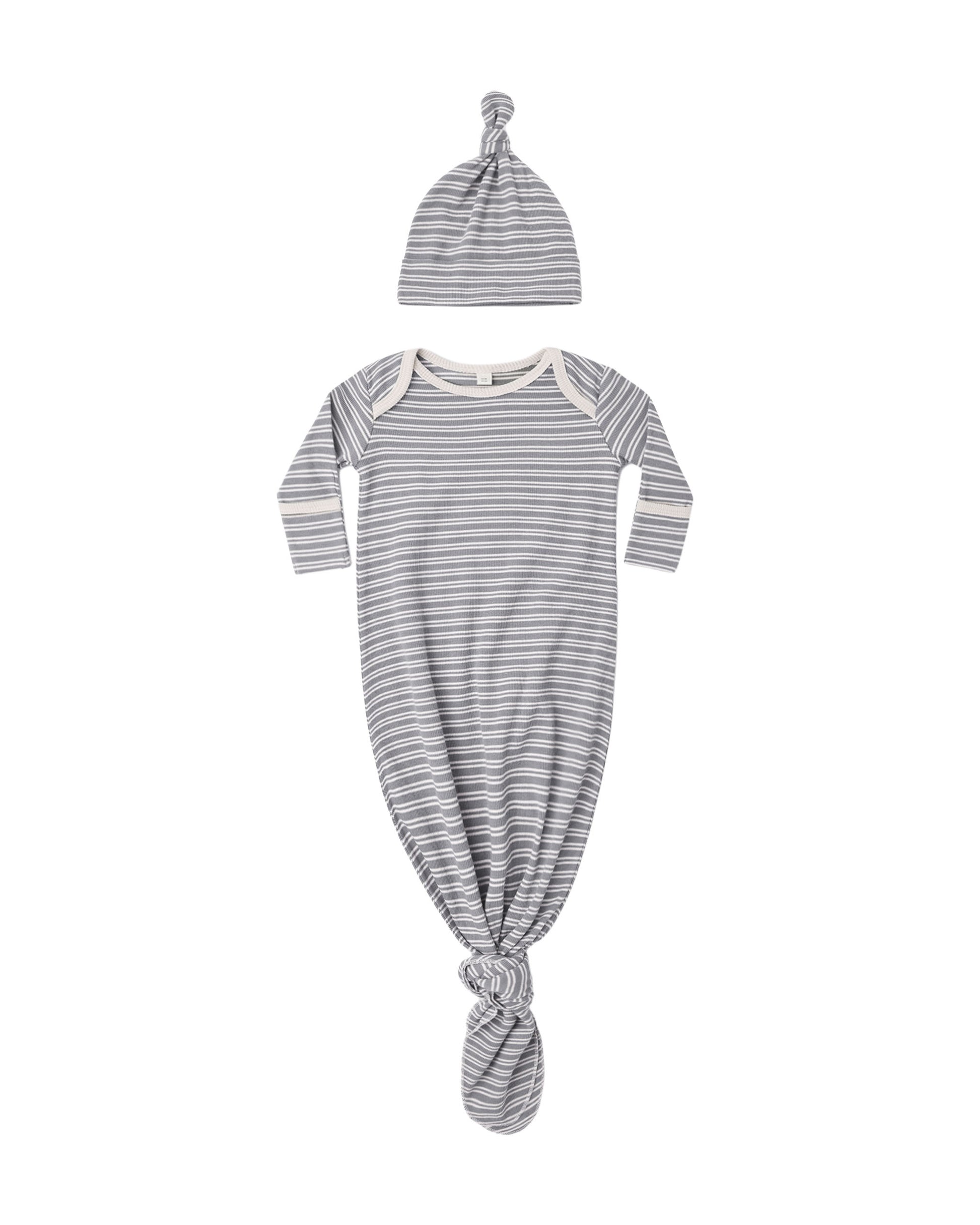 KNOTTED BABY GOWN + HAT SET SLATE MICROSTRIPE