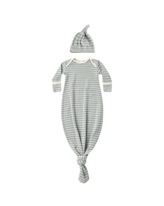 KNOTTED BABY GOWN + HAT SET || STEEL BLUE MICRO STRIPE