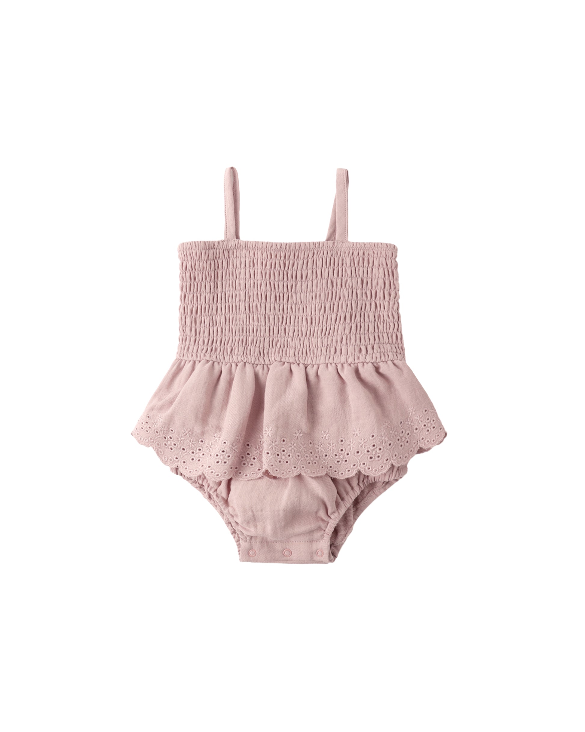 SMOCKED SKIRTED ROMPER MAUVE