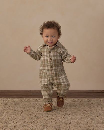 COLLARED BABY JUMPSUIT OLIVE DOBBY PLAID