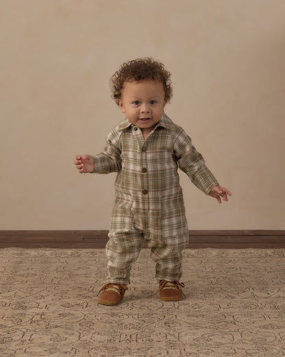 COLLARED BABY JUMPSUIT OLIVE DOBBY PLAID