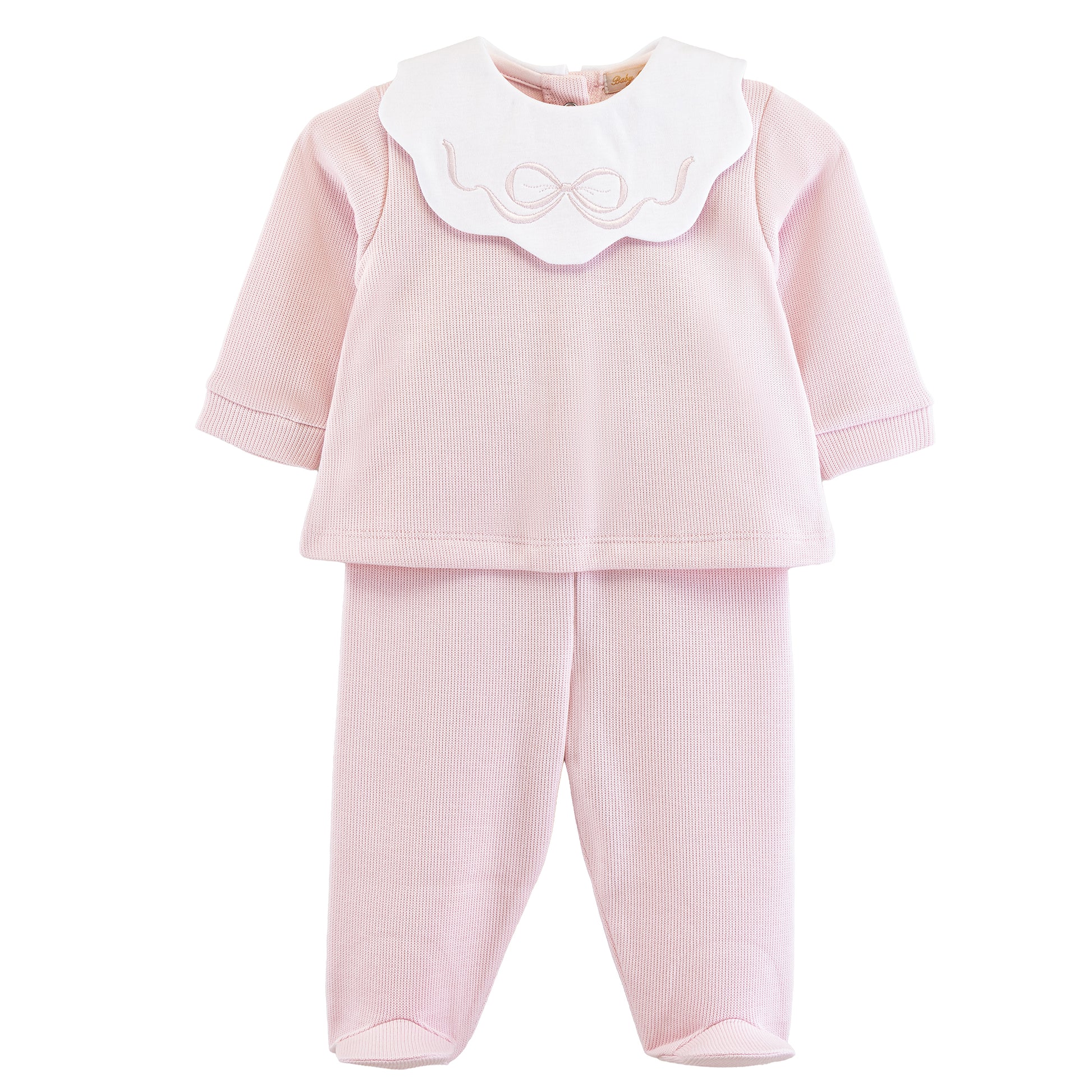 Pretty Bows Pima Jacquard Top & Footed Pant Set w Bow Scallop Collar