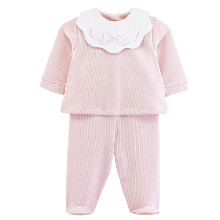 Pretty Bows Pima Jacquard Top & Footed Pant Set w Bow Scallop Collar