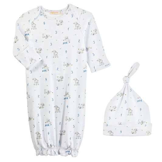 Printed Gown + Hat Set | Counting Baby Sheep | Blue