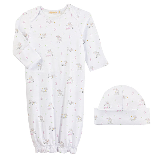 Printed Gown + Hat Set | Counting Baby Sheep | Pink