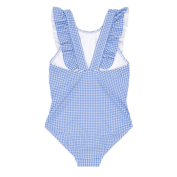 sky blue gingham ruffle one piece