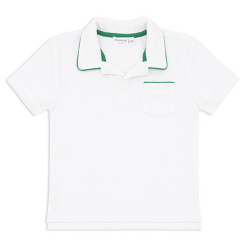 boys white french terry polo with bermuda green trim