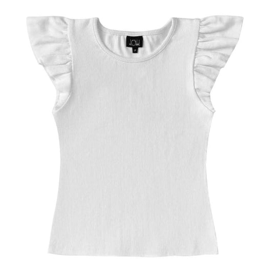 Ruffle Sleeve Ribbed Top | White