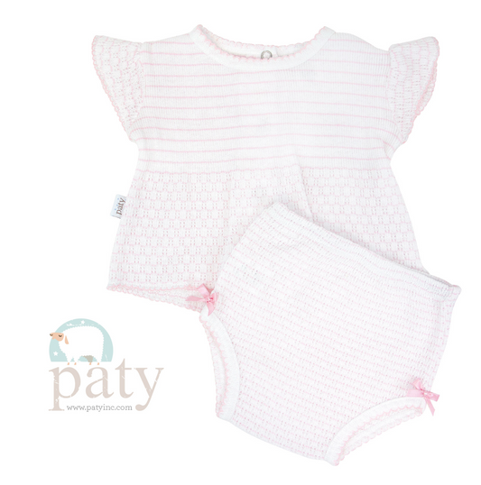Pinstripe Flutter Sleeve Diaper Set with Bows | Pink