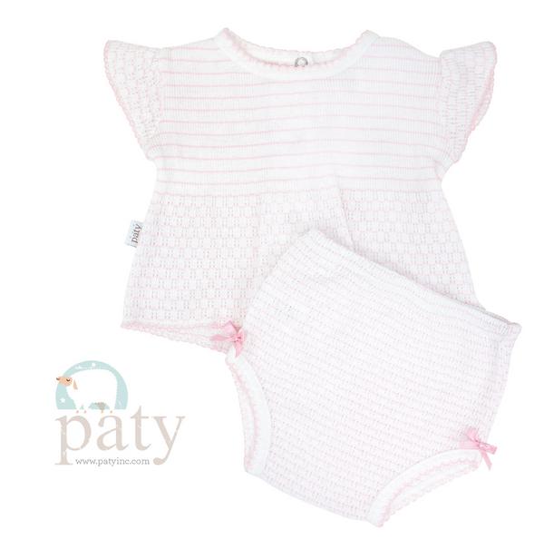 Pinstripe Flutter Sleeve Diaper Set with Bows | Pink