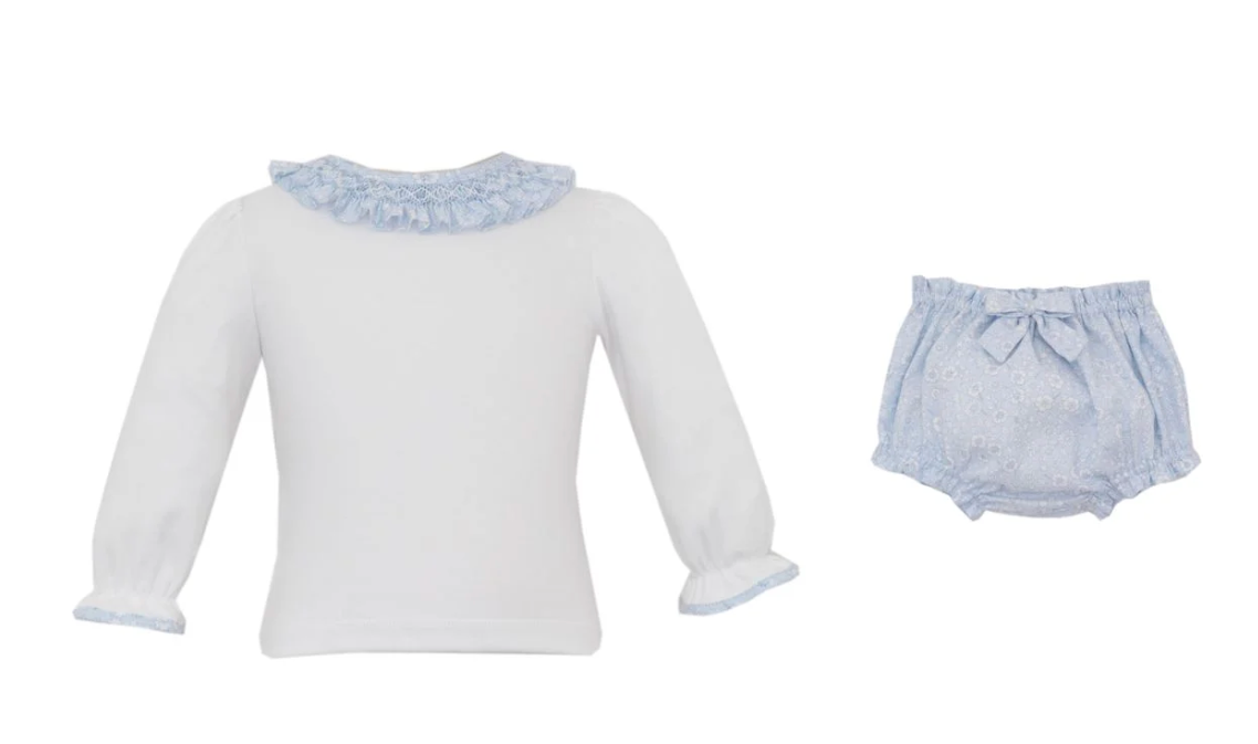 Blue Floral Bloomer Set w Smocked Collar White Knit Top