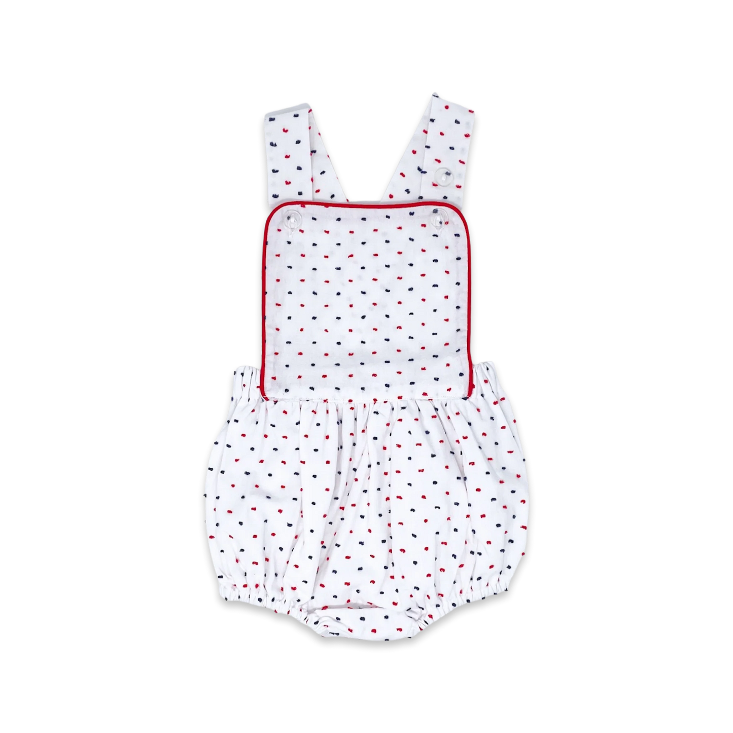 Arthur Apron | Navy and Red Swiss Dot