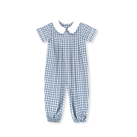 Pleated Romper | Stone Blue Check