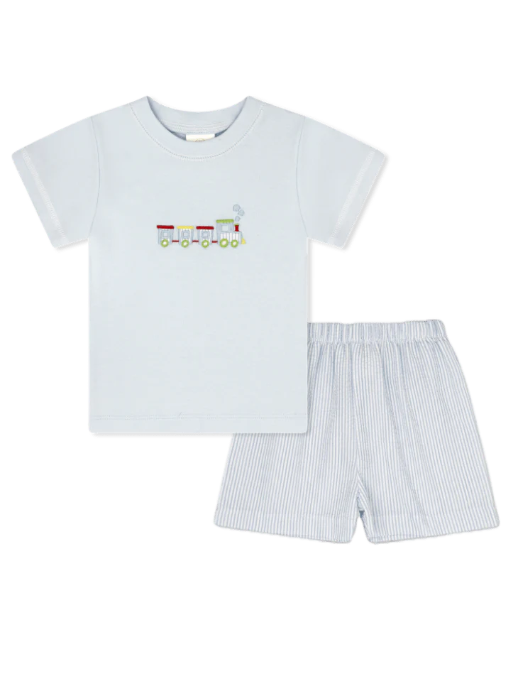 PRESTON SHORT SET TRAIN EMBROIDERY, SIMPLY BLUE SEERSUCKER