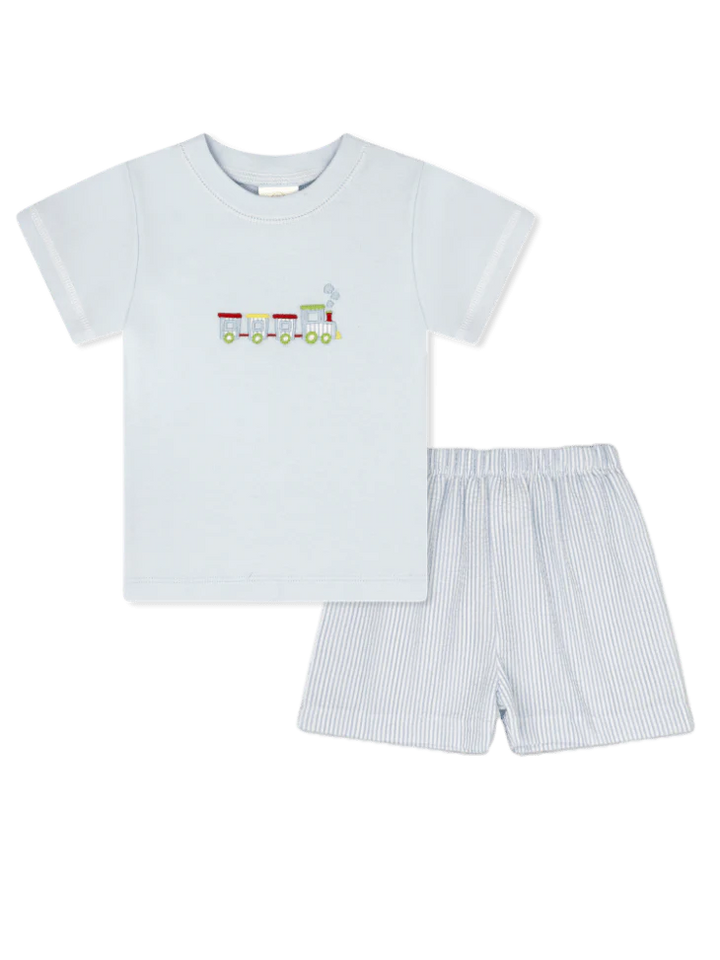 PRESTON SHORT SET TRAIN EMBROIDERY, SIMPLY BLUE SEERSUCKER