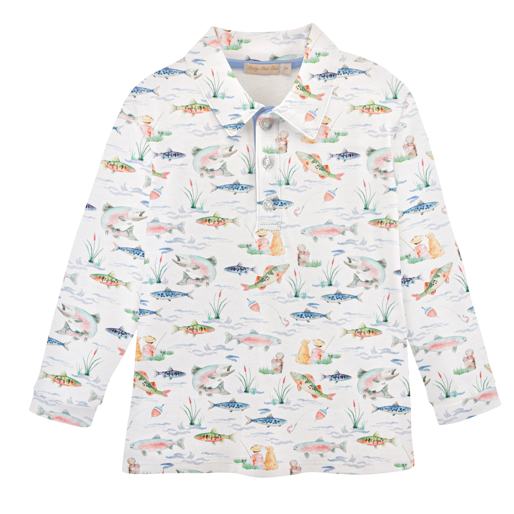 Gone Fishing Printed Pima Long Sleeve Collared Tee