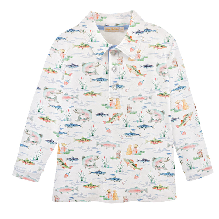 Gone Fishing Printed Pima Long Sleeve Collared Tee