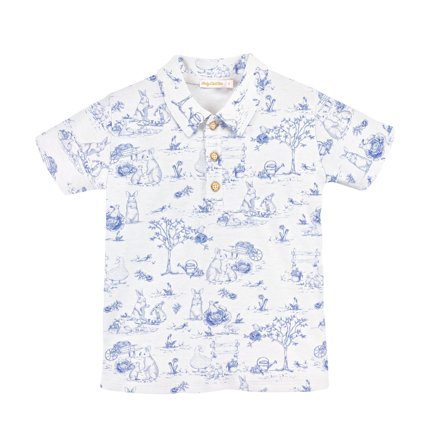 blue toile bunnies polo shirt