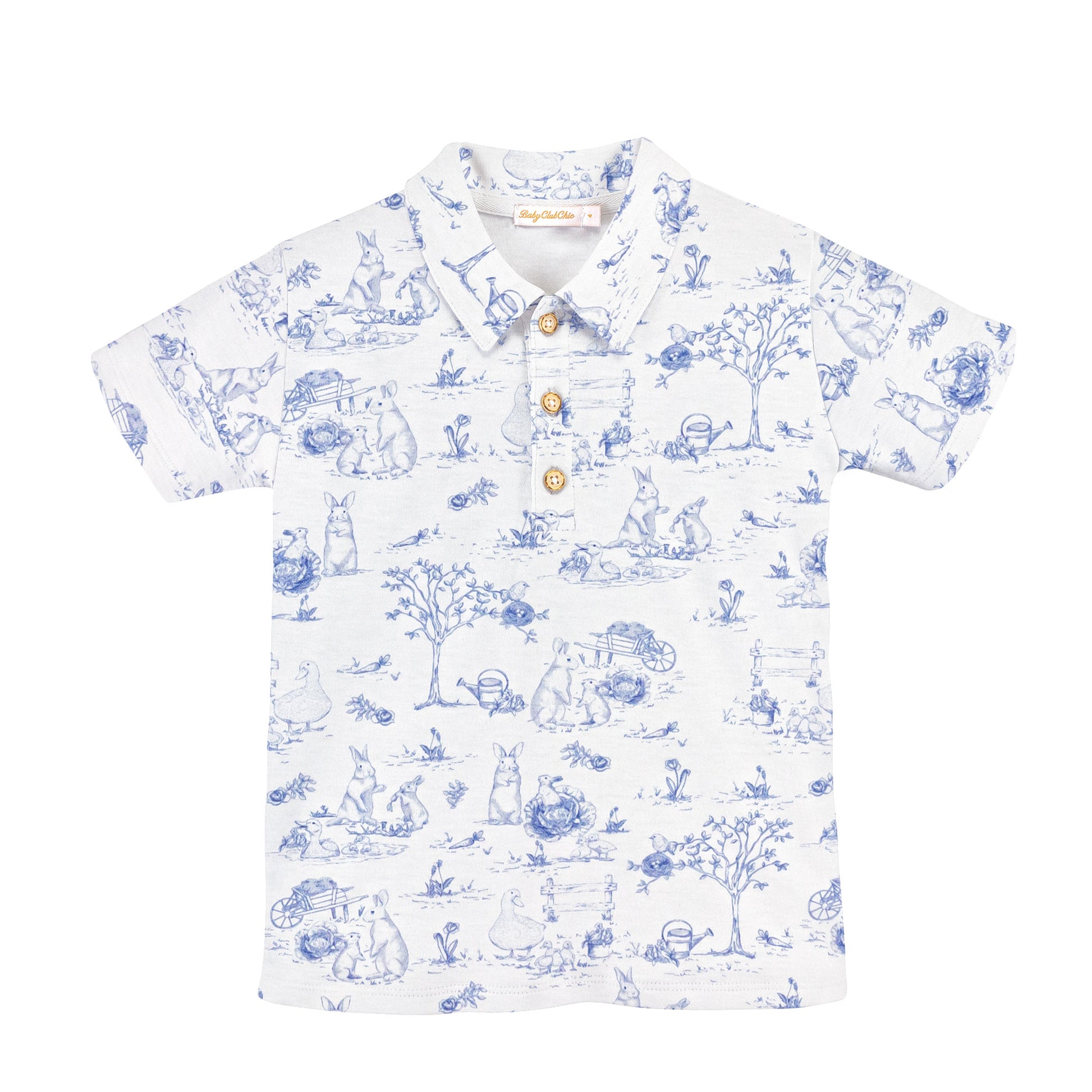 blue toile bunnies polo shirt