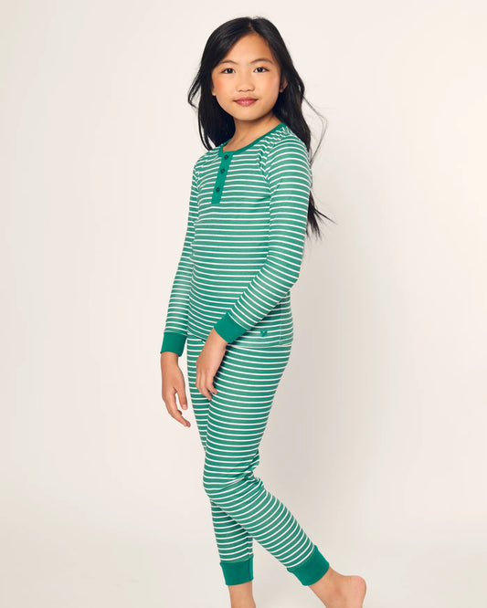 Kid's Pima Snug Fit Pajama Set in Green Stripe