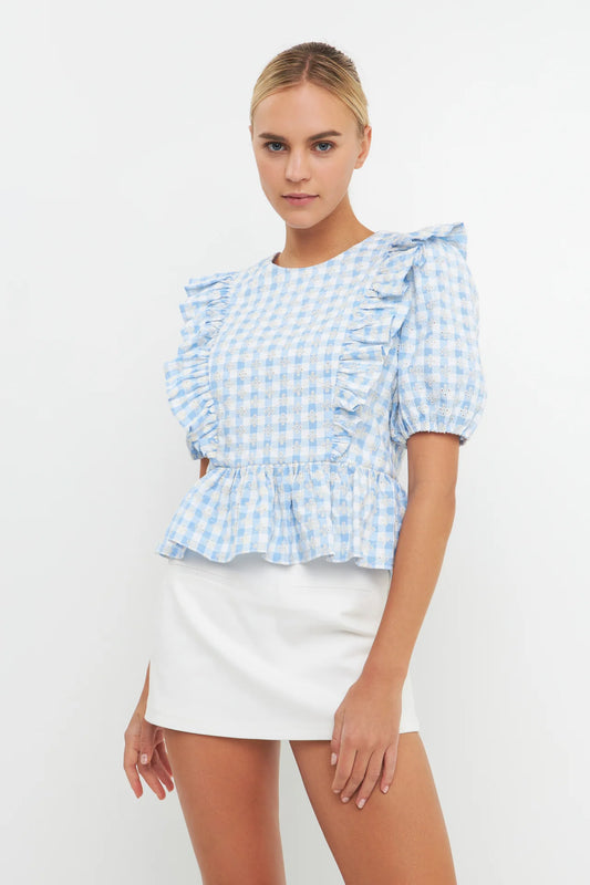 Embroidered Gingham Checked Ruffle Top | Powder Blue