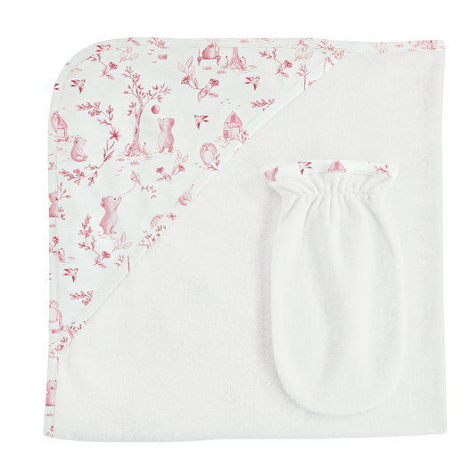 Hooded Towel + Mitt Set | Pink Toile De Jouy