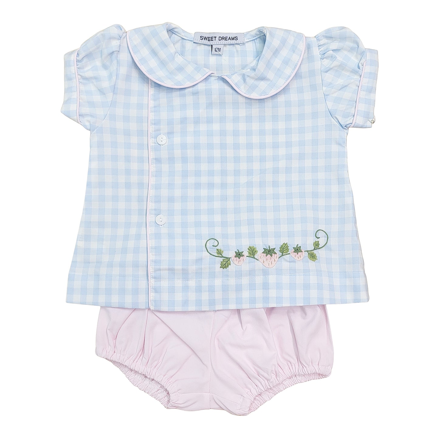 Blue Embroidered Strawberry Diaper Set