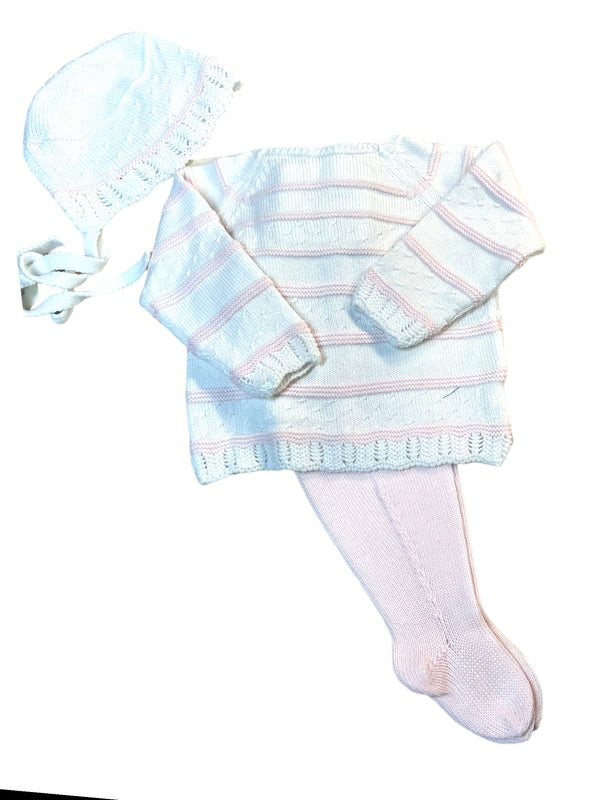 Stripe Knit Footed Set with Bonnet | Pink + White