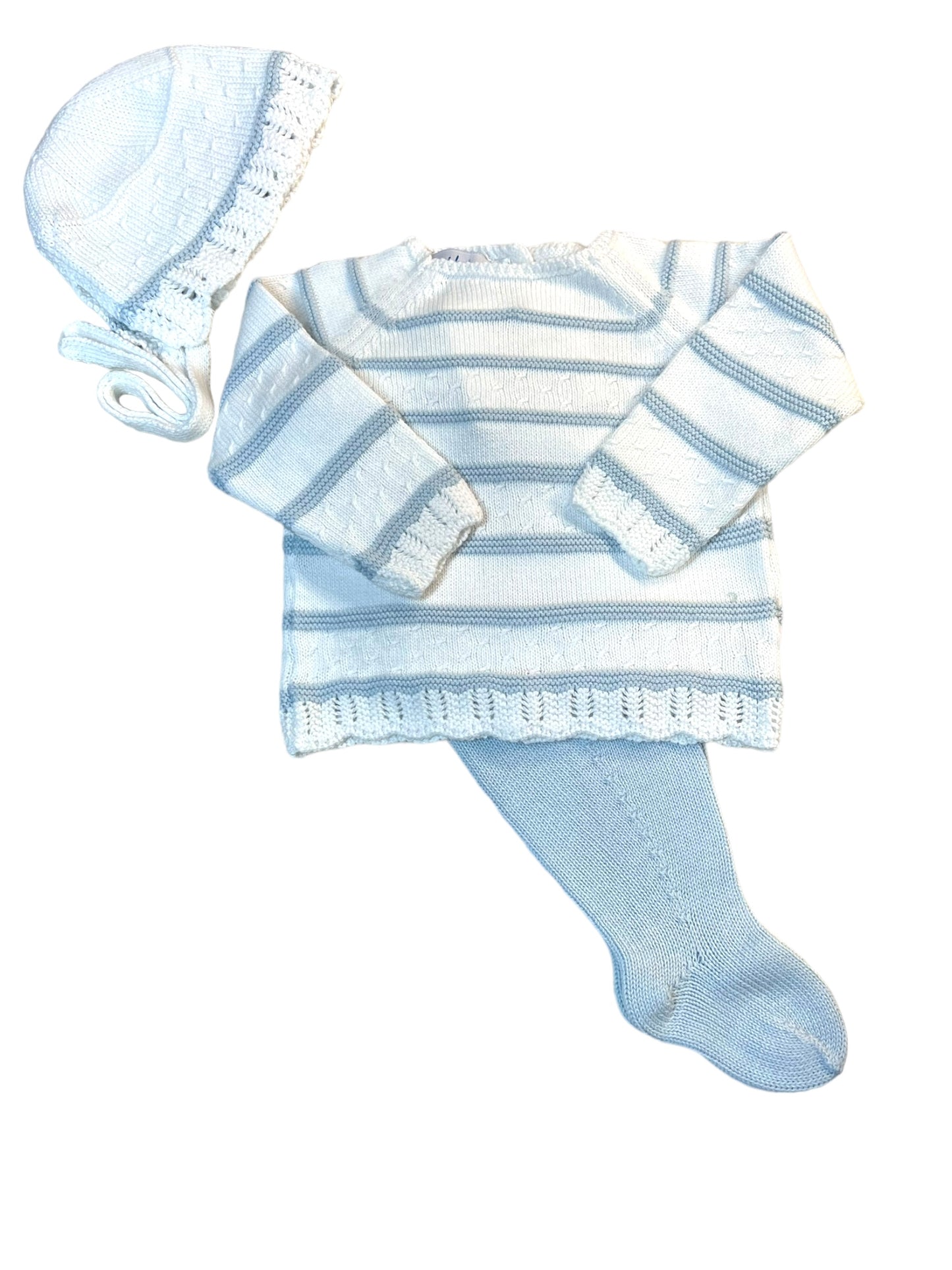 Stripe Knit Footed Set with Bonnet | Light Blue + White