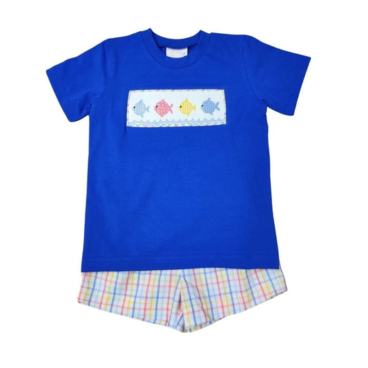 Fishing Around Plaid Smocked Boy Short Set