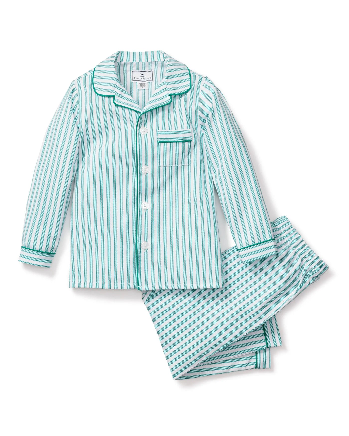 Kid's Twill Pajama Set in Emerald Ticking