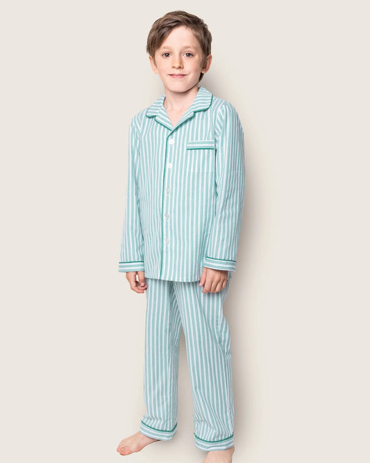 Kid's Twill Pajama Set in Emerald Ticking