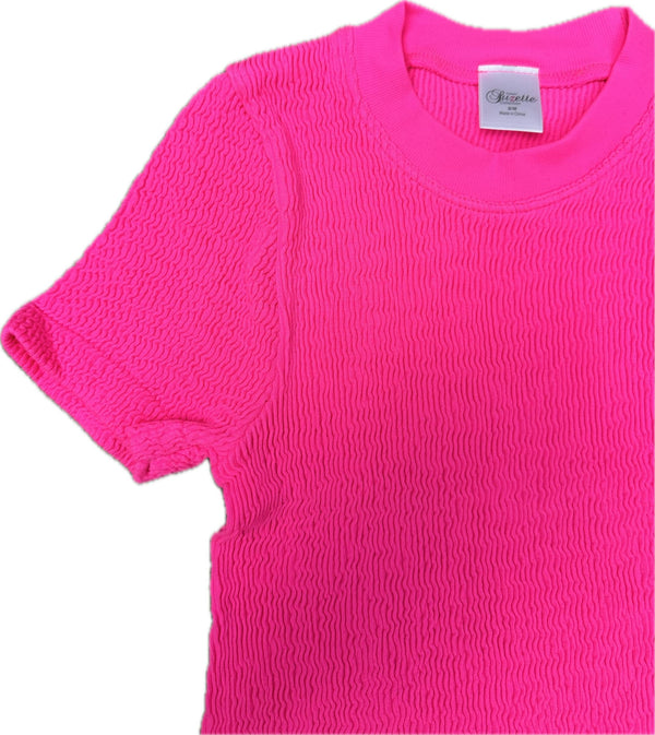 Smocking Short Sleeve Top | Neon Pink
