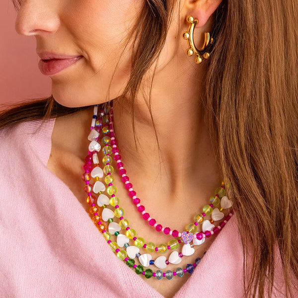 Beaded Necklace - Pink w/ Purple Opal Heart - Karley