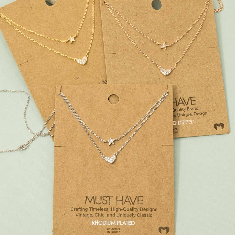 Gold Dipped Layered Chain Pave Heart Star Necklace
