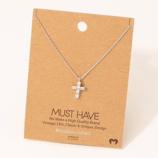 Rhinestone Cross Pendant Necklace | Silver